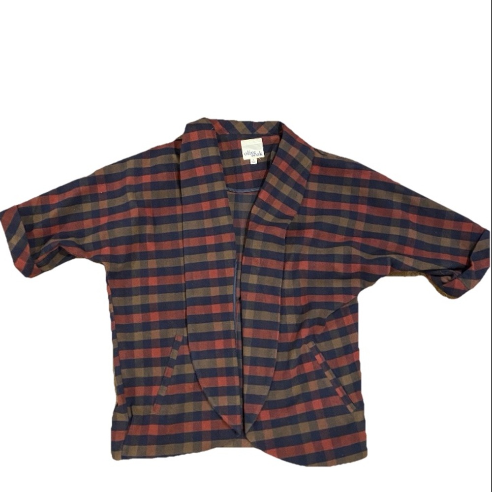 Olive & Oak Cardigan Shrug Jacket Checkered Burgundy Black Beige Small